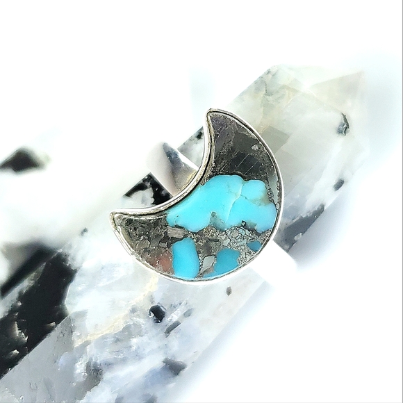 Sterling Silver Turquoise and Pyrite Crescent Moon Ring Size 7 - Picture 2 of 16